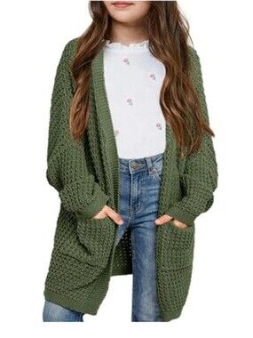 Girls Cardigan Sweater Kids Open Front Sweaters Outerwear Green